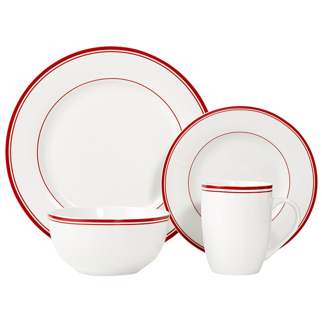 AmazonBasics Cafe Stripe Dinnerware Set with 16-Pieces in Red