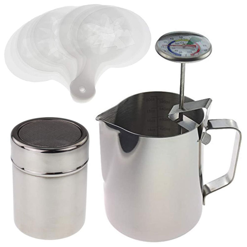 Barista Kit with Milk Thermometer, Milk Jug, Cocoa Shaker and Stencil Set