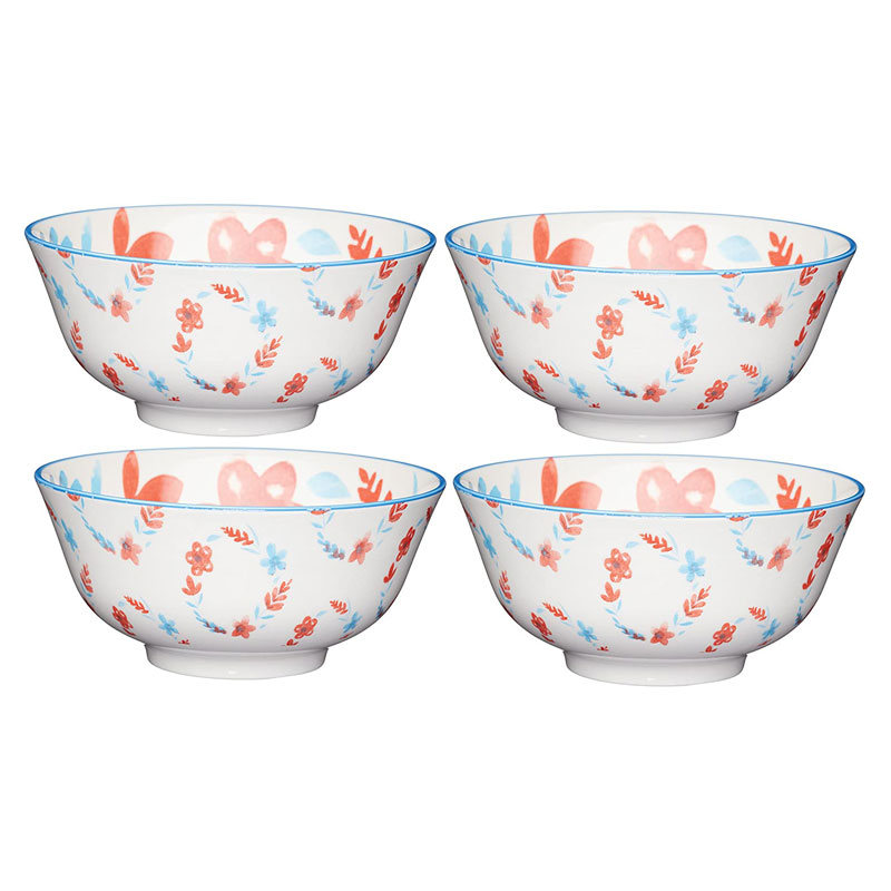 KitchenCraft Footed Stencil-Effect Flower-Patterned Ceramic Bowls