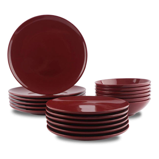 AmazonBasics 18-Piece Cranberry Stoneware Dinnerware Set