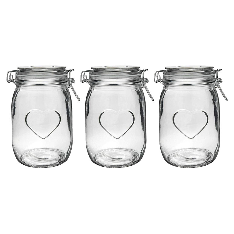 Nicola Spring Set of 3 Heart Design Glass Preserve Jars with Clip Fasten