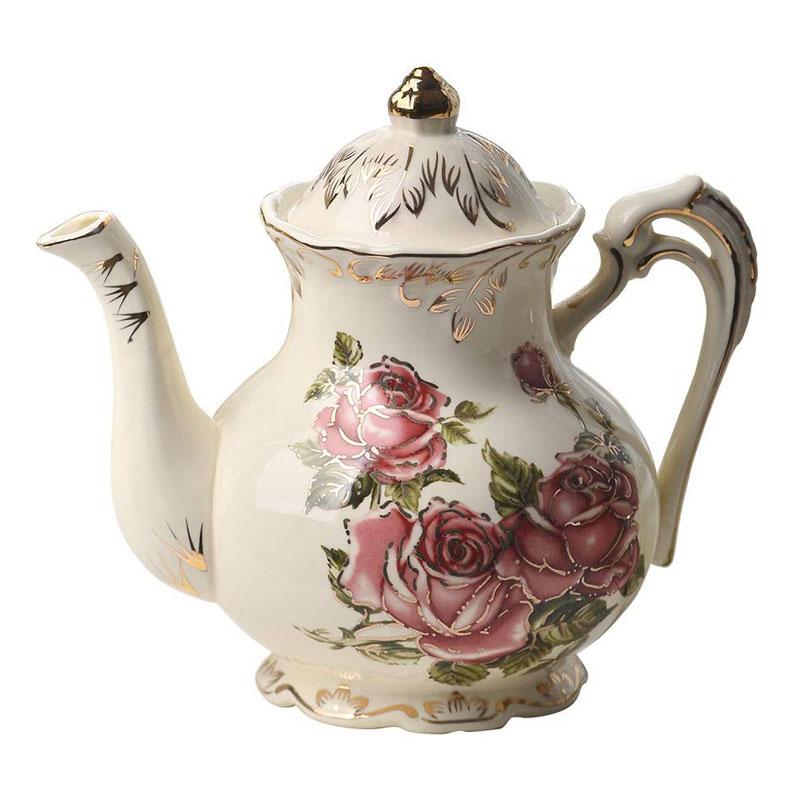 Red Rose Pattern Ivory Ceramic Vintage Tea Pot