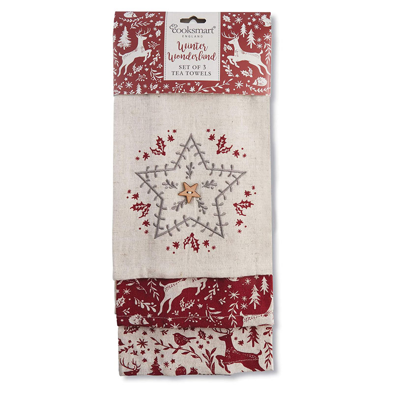 Cooksmart Tea Towels Set of 3 Xmas Cotton Kitchen Cloth Drying Nordic Christmas