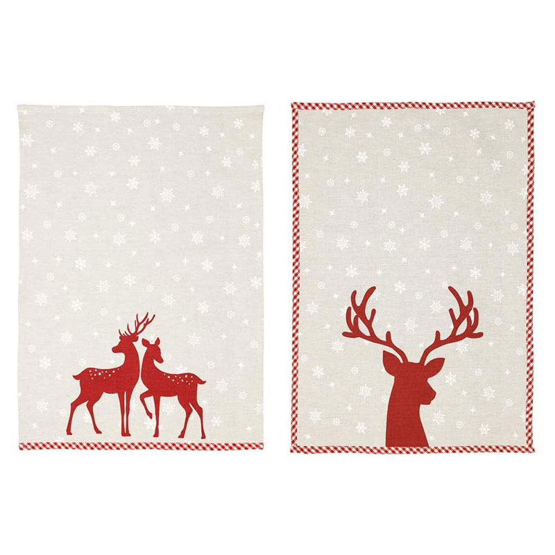 Two Cotton Red Reindeer Snowflake Print Gingham Edge Kitchen Tea Towels