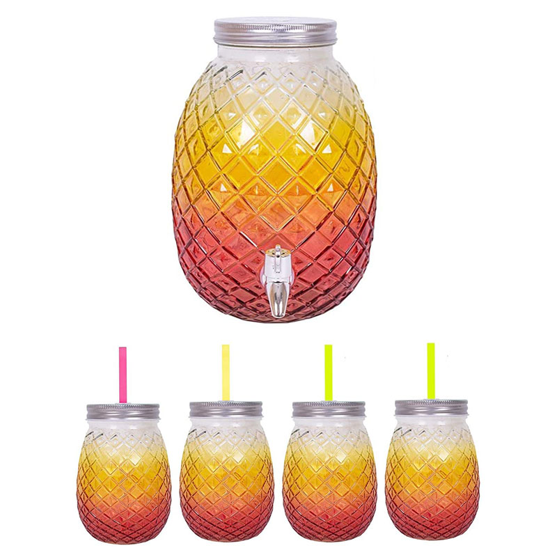 YoL Pineapple Drink Dispenser With Airtight Lid and 4 Mason Jar Glasses with Straws
