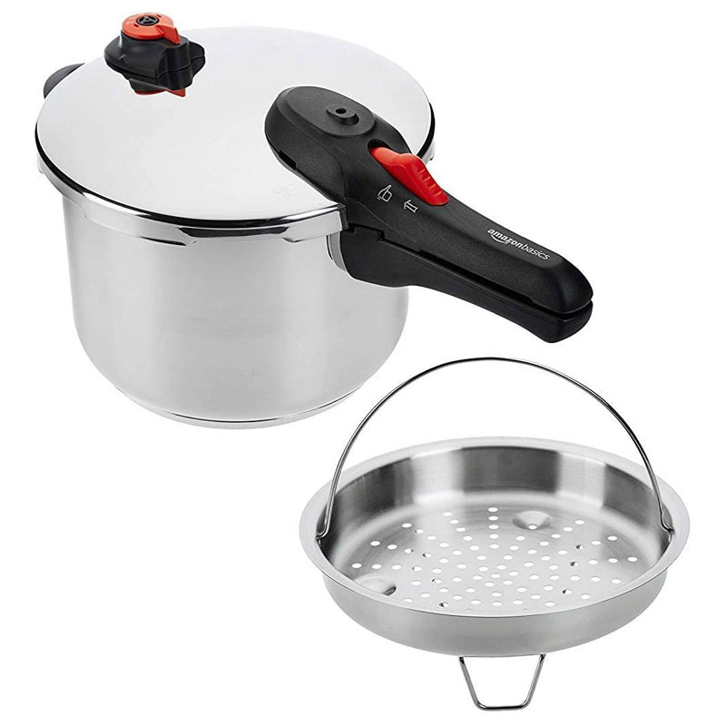 AmazonBasics Stainless Steel Pressure Cooker with Steamer, 6 Litre