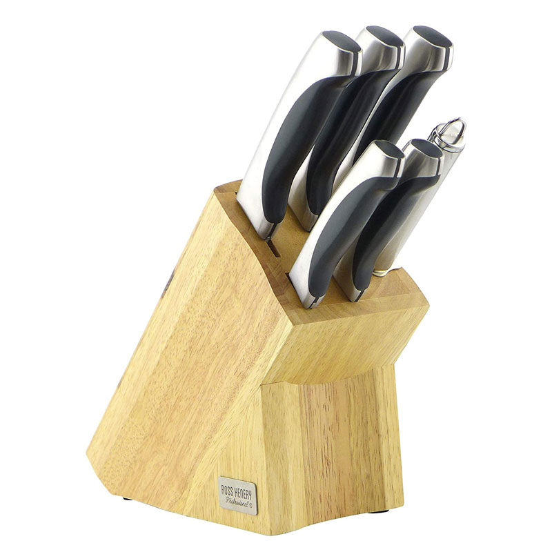 Ross Henery Professional 6 Piece Stainless Steel Kitchen Knife Set in Solid Oak Block