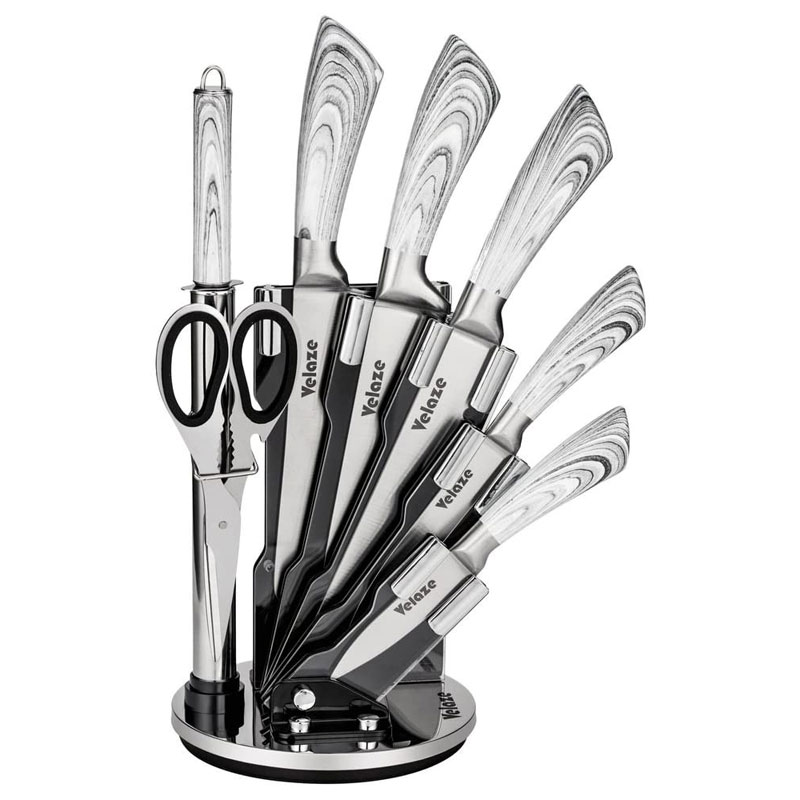 Velaze 8pcs Stainless Steel Kitchen Knife Sets with Sharpener and Spinning Block