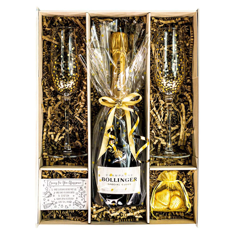 Bollinger Champagne Gold Polka Dot Gift Set with Champagne Flutes and Chocolates