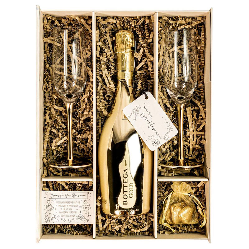 Bottega Gold Prosecco Gift Set with Champagne Flutes, Chocolates and Gift Box