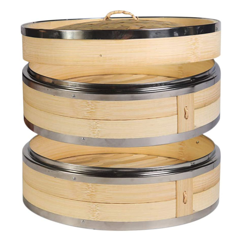 Hcooker 2 Tier Kitchen Bamboo Steamer with Double Stainless Steel Banding