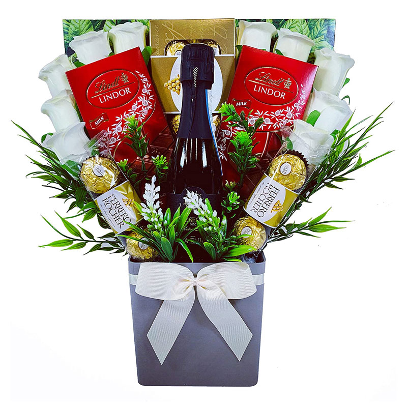 The Ferrero Rocher & Lindt Lindor Chocolate Bouquet with Silk Roses & Vino Spumante Prosecco